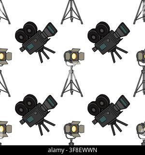 Seamless vector pattern with cinema film cameras and studio spotlights on white background Stock Vector