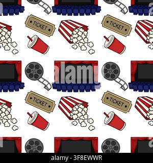 Cinema seamless pattern vector with movie theater elements popcorn and film reels Stock Vector