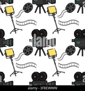 Seamless pattern with vector cinema equipment, movie cameras, film reels and studio lights Stock Vector