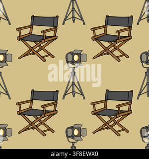 Cinema seamless pattern with director chairs and studio spotlights vector illustration Stock Vector
