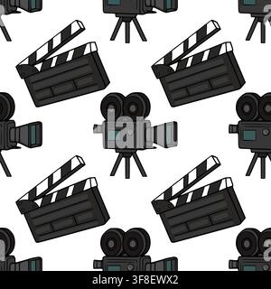 Seamless vector pattern featuring cinema movie cameras and film clapperboards Stock Vector