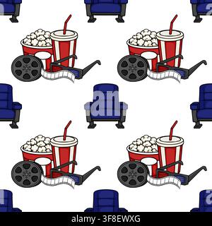 Cinema seamless pattern vector with popcorn, 3D glasses, film reel and movie theater seats Stock Vector