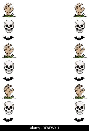 Halloween vector border frame with spooky zombie hands skulls and bats Stock Vector