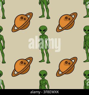 Seamless vector pattern with cartoon green aliens and orange ringed planets on a beige background Stock Vector
