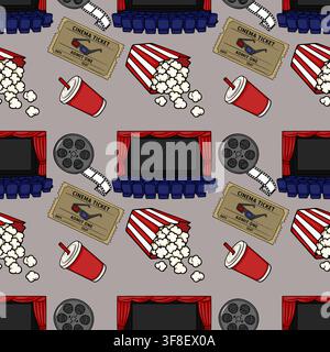 Seamless cinema vector pattern with movie theater interior, popcorn, ticket, and film reel elements Stock Vector