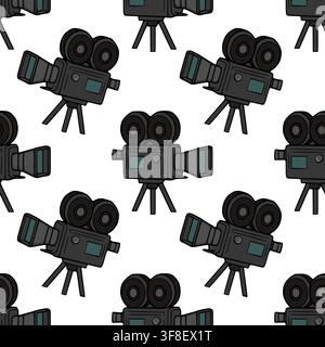Seamless pattern with retro cinema cameras, vector illustration of vintage film equipment on white background Stock Vector