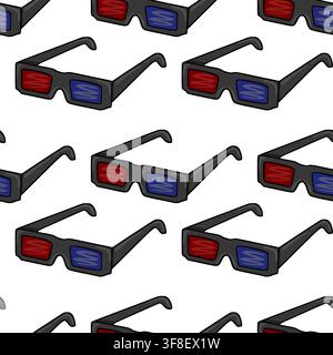 Seamless vector pattern with 3D cinema glasses featuring red and blue lenses in a repeating movie theater design Stock Vector