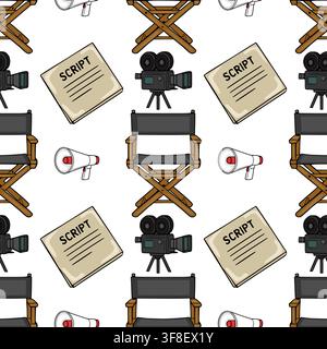 Seamless pattern with cinema vector elements including film camera director chair script and megaphone Stock Vector