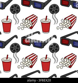 Cinema seamless pattern vector with 3D glasses, popcorn, soda and film reel Stock Vector