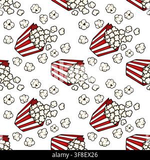 Seamless pattern with red and white striped popcorn buckets, vector illustration of movie theater snacks Stock Vector
