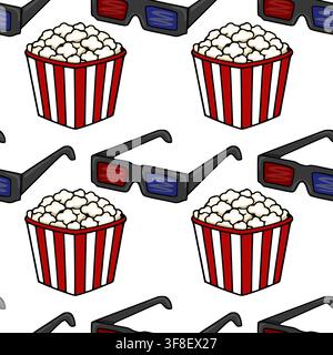 Seamless vector pattern with cinema popcorn buckets and 3D glasses for movie theater entertainment design Stock Vector