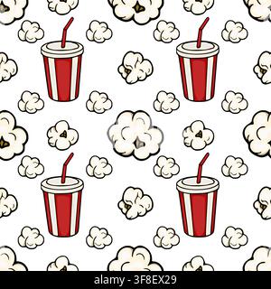 Seamless vector pattern with cinema popcorn and soda cups in cartoon style Stock Vector