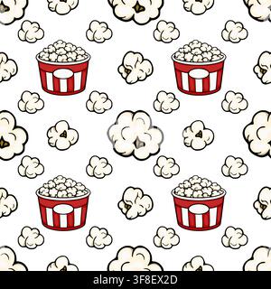 Seamless vector pattern with popcorn buckets and fluffy kernels in a cartoon style Stock Vector