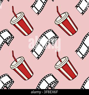 Cinema seamless pattern vector with movie film strips and soda cups on a soft pink background Stock Vector