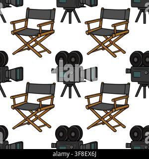 Cinema seamless pattern vector with movie director chairs and vintage film cameras Stock Vector