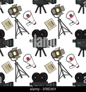 Seamless vector pattern featuring cinema equipment, movie cameras, studio lights, megaphones, and scripts for film production design. Stock Vector