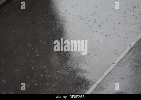 Heavy rain in the city, raindrops on the asphalt. Rainy weather in summer Stock Photo
