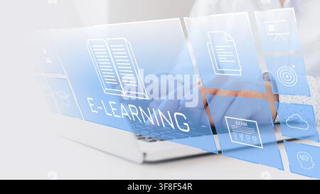 E learning tools and resources used during an online study session with a laptop Stock Photo