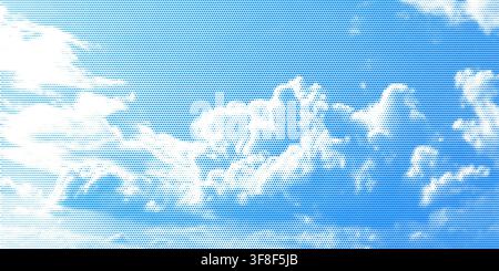Retro halftone sky with clouds and vintage paper texture creates an abstract dotted vector illustration sky background. Stock Vector