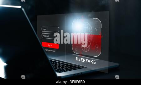 Deep fake login screen shows process of face authentication on a laptop Stock Photo