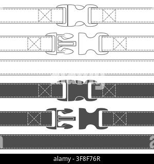 Set of black and white illustrations of belt with fittings, fastex clasp. Isolated vector object on white background. Stock Vector