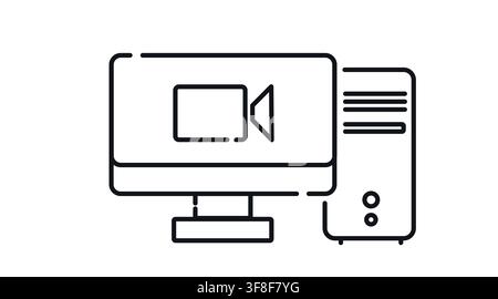Desktop computer tower and monitor with video camera symbol on screen vector icon. Black line art style on white background. Stock Vector