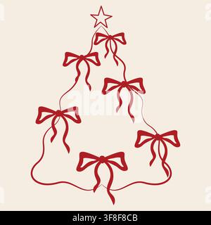 Hand-drawn Christmas tree with bows decoration doodle line art in red color for seasonal decor, packaging, cards, invitation Stock Vector