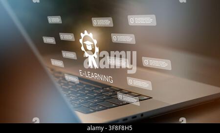 E learning concept with laptop and certificates shown on screen Stock Photo
