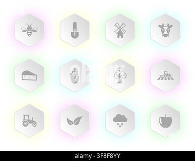 A collection of twelve hexagonal icons representing agricultural themes each featuring a simple grey silhouette on a soft glowing white background Stock Vector