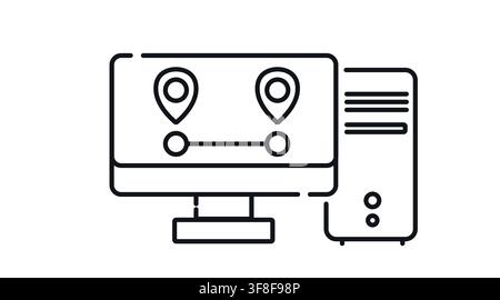 Desktop computer tower and monitor with two location map pins and route line on screen vector icon. Stock Vector