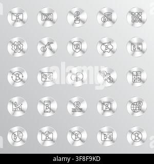 A collection of silver metallic icons featuring various Bitcoin and cryptocurrency themes arranged in a grid pattern against a light gray background Stock Vector