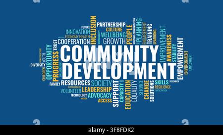 Community Development Word Cloud Vector Design on Blue Background Stock Vector