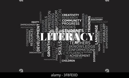 Literacy and Education Word Cloud Concept Vector Illustration on Black Background Stock Vector