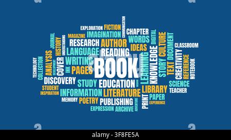 Book and Education Word Cloud Typography Graphic on Blue Background Stock Vector
