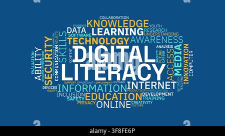 Digital Literacy Word Cloud Vector Concept with Education and Technology Keywords on Blue Background Stock Vector