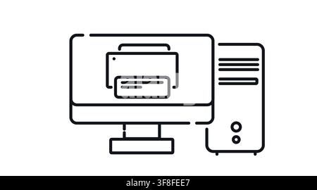 Desktop computer tower and monitor with printer symbol on screen vector icon. Stock Vector
