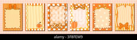 Cute coquette vector frames with pumpkins and bow ribbons in orange colors on striped and polka dot pattern background for Thanksgiving and Halloween Stock Vector