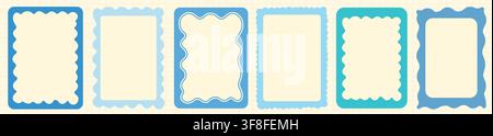 Blue wavy scallop frame vector set, Squiggly rectangle borders for elegant nautical summer designs, menu, cards Stock Vector