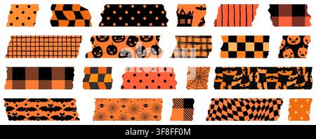 Cute Orange and Black Halloween Digital Vector Paper Masking Tape with Pumpkins, Bats and Plaid Patterns with Torn Edges Stock Vector