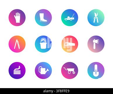A collection of twelve colorful circular icons featuring various gardening and landscaping tools arranged in a neat grid pattern on a plain white back Stock Vector