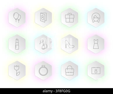 A collection of twelve hexagonal icons featuring delicate line art symbols associated with International Womens Day arranged in a clean grid against g Stock Vector