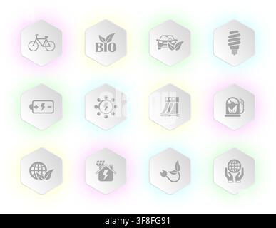 A collection of twelve hexagonal icons displayed on a clean white background each representing a distinct concept related to environmental sustainabil Stock Vector