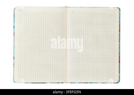 Mockup of diary. Top view. Copy space. Open notebook for notes with checkered paper isolated on a white background. Pages in neutral tones. Stock Photo