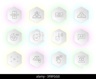 A collection of twelve hexagonal icons displaying various augmented reality virtual reality and 360-degree viewing concepts on a white background with Stock Vector
