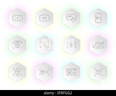 A collection of twelve hexagonal icons displayed on a soft glowing background each showcasing various augmented reality and interactive 3D digital use Stock Vector