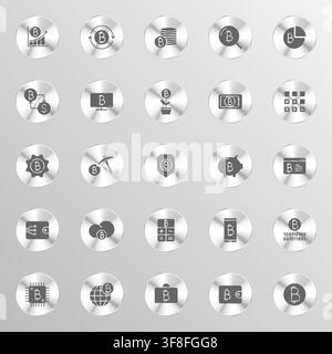 A collection of silver metallic circular badges featuring various digital cryptocurrency and blockchain-themed icons arranged in a grid pattern agains Stock Vector