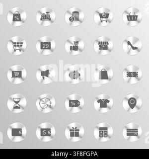 A grid of twenty-five circular metallic buttons featuring various shopping and commerce themed icons presented on a soft light gray gradient backgroun Stock Vector