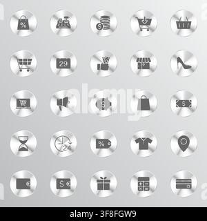 A grid of twenty-five circular metallic buttons featuring various shopping and commerce themed icons presented on a soft light gray gradient backgroun Stock Vector