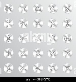 A collection of silver metallic circular buttons featuring various outdoor travel and adventure-themed icons arranged in a grid pattern against a soft Stock Vector