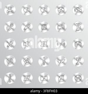 A collection of silver metallic circular buttons featuring various automotive maintenance parts and repair icons arranged in a neat grid pattern on gr Stock Vector